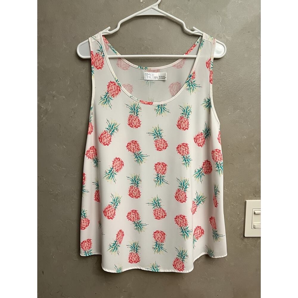 Time and Tru Pineapple Tank Top XL White Pink Summer Sleeveless Blouse - Picture 3 of 10